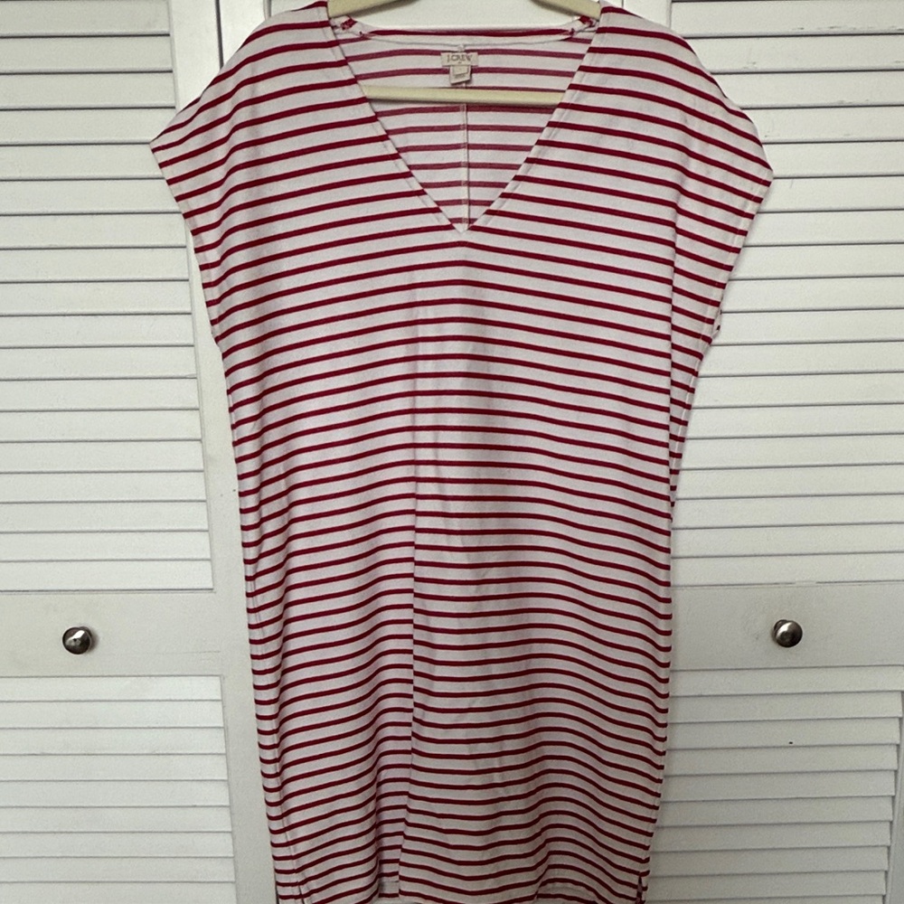J. Crew Red and White Striped Casual V Neck Dress
